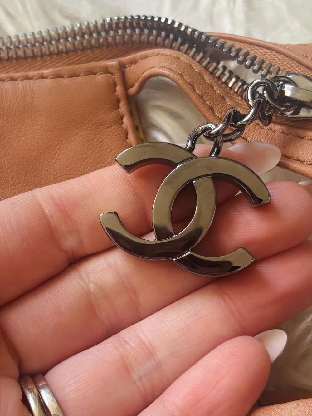 CHANEL Tan Leather Chain-Strap Tote with Stitched CC Emblem